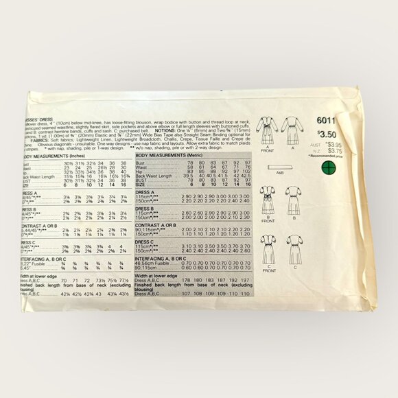 Vintage Butterick Sewing Pattern 6011 Misses Dress Size 12-16 - Picture 2 of 2